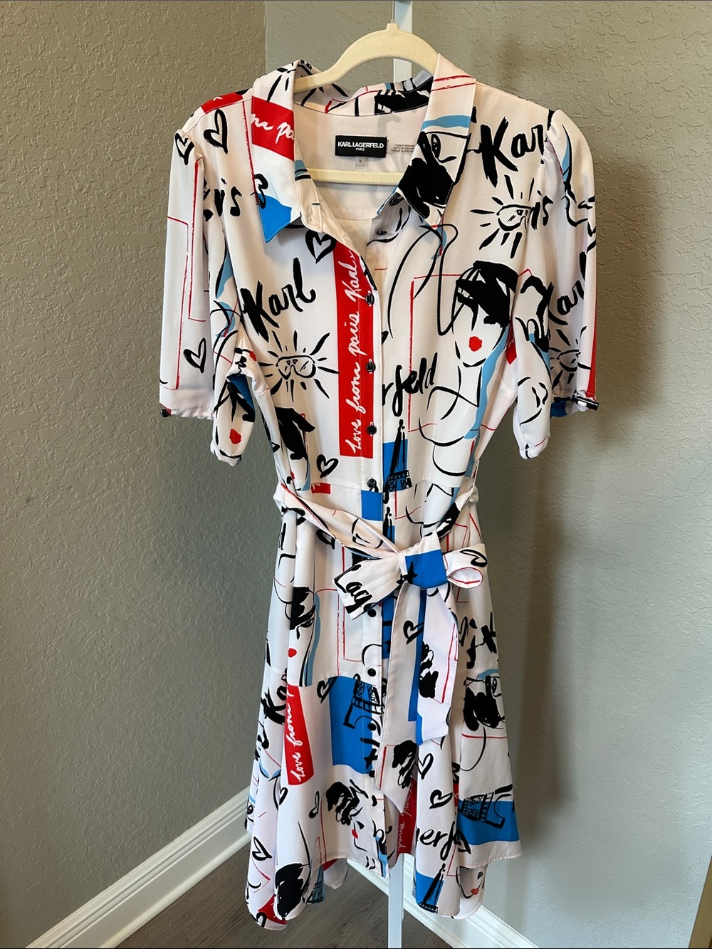 Karl Lagerfeld Paris abstract print shirt dress with handkerchief hem midi dress - Picture 4 of 6